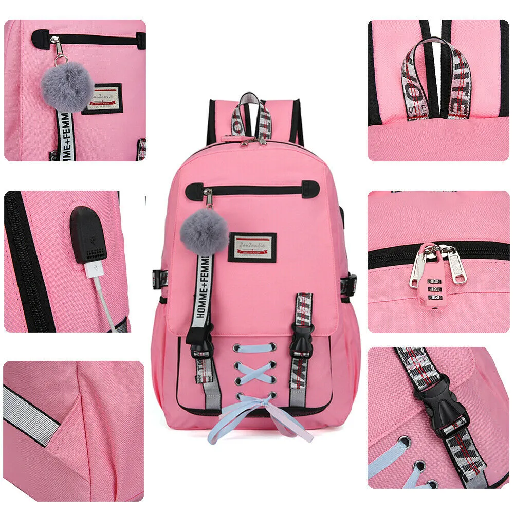 Anti-theft Girls USB Charging Backpack Travel School Bag