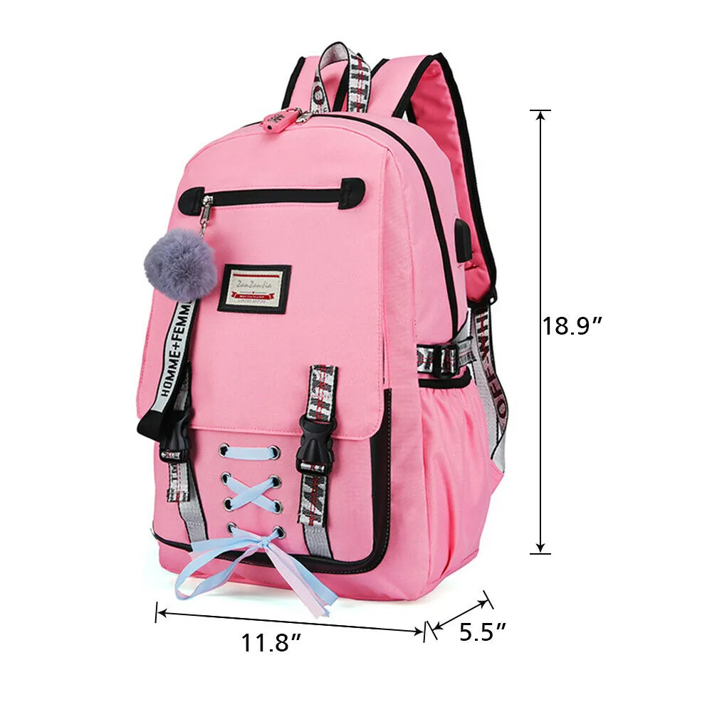 Anti-theft Girls USB Charging Backpack Travel School Bag