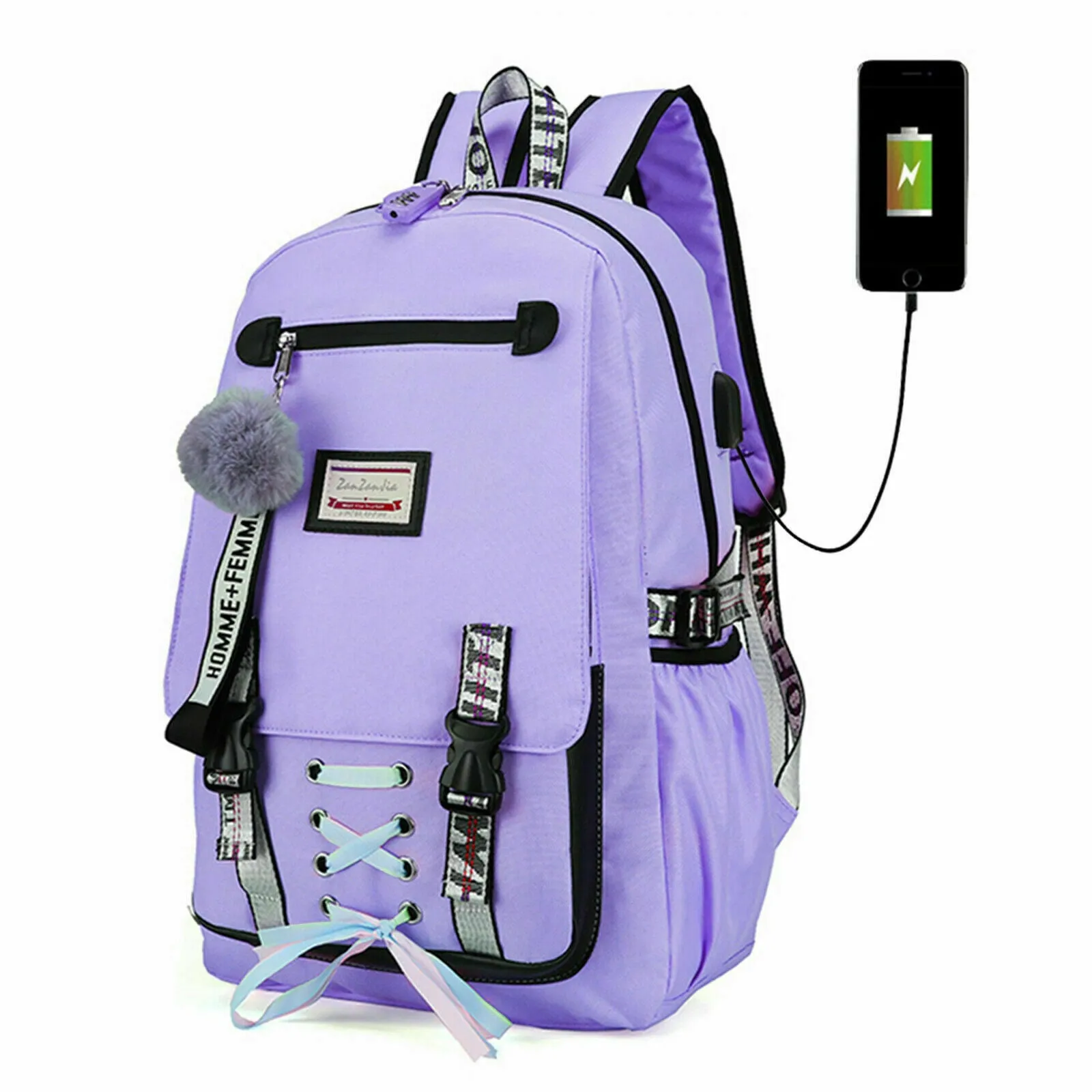 Anti-theft Girls USB Charging Backpack Travel School Bag