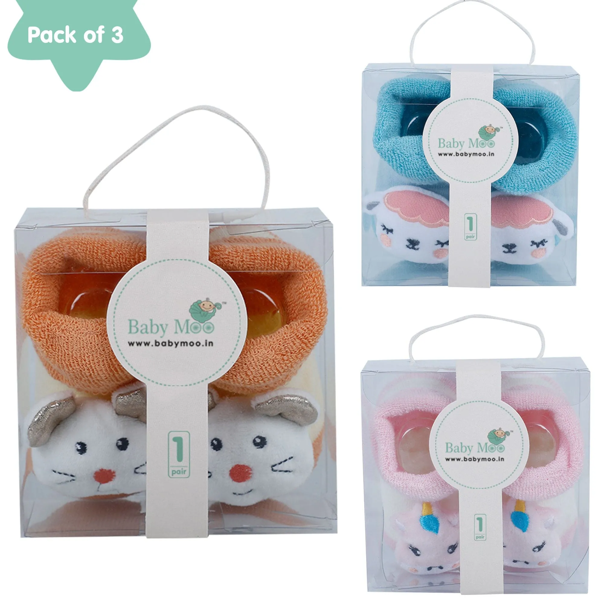 Baby Moo Cow Mouse Unicorn 3D Rattle Anti-Skid Socks Booties Pack of 3 - Pink, Orange