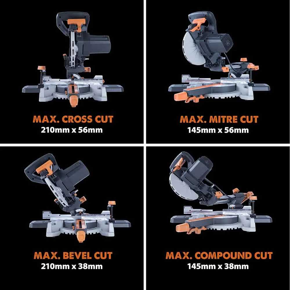Evolution R185SMS 185mm Sliding Mitre Saw With TCT Multi-Material Cutting Blade